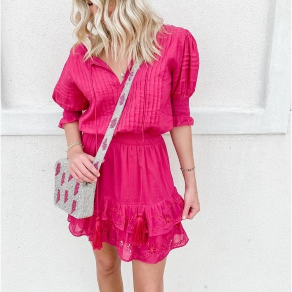 Karina Grimaldi Sz XS Carol Pink Mini Dress Eyelet Puff Sleeves 100% Cotton Boho